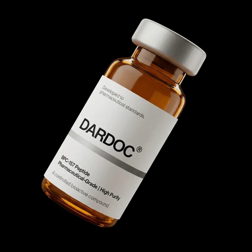 A clinical-grade peptide vial photographed against a soft cream background